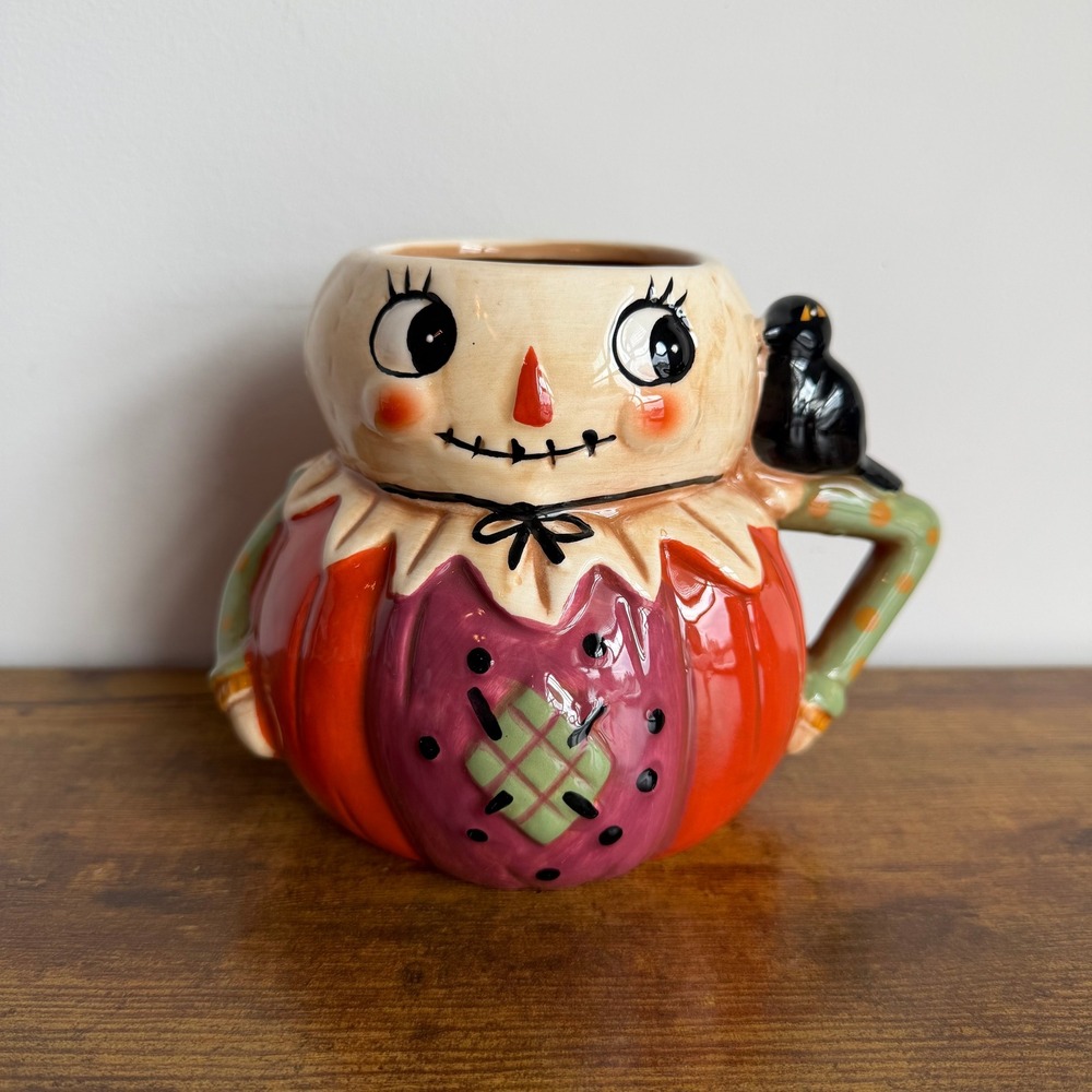 Johanna Parker Ceramic Mug Halloween Scare Crow Autumn Fall Cup Cute Crow Orange